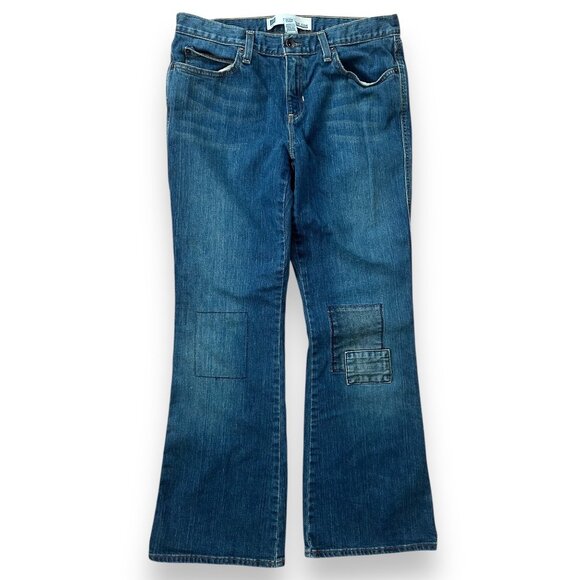 Gap Ultra Low Flare Leg Patch Jeans Medium Wash Bootcut Hippie Boho - Picture 1 of 7